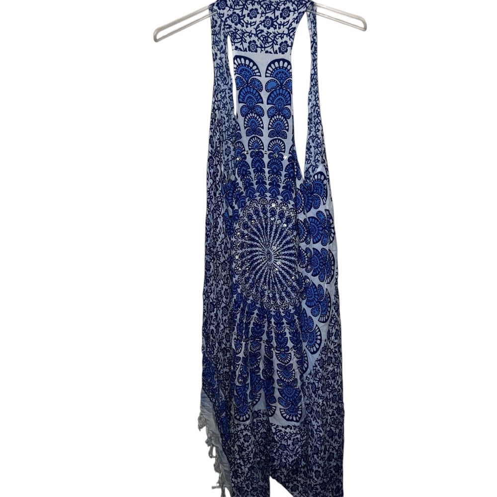 Boho Open Front Blue and White Duster Mandala Print with Bling OSFM